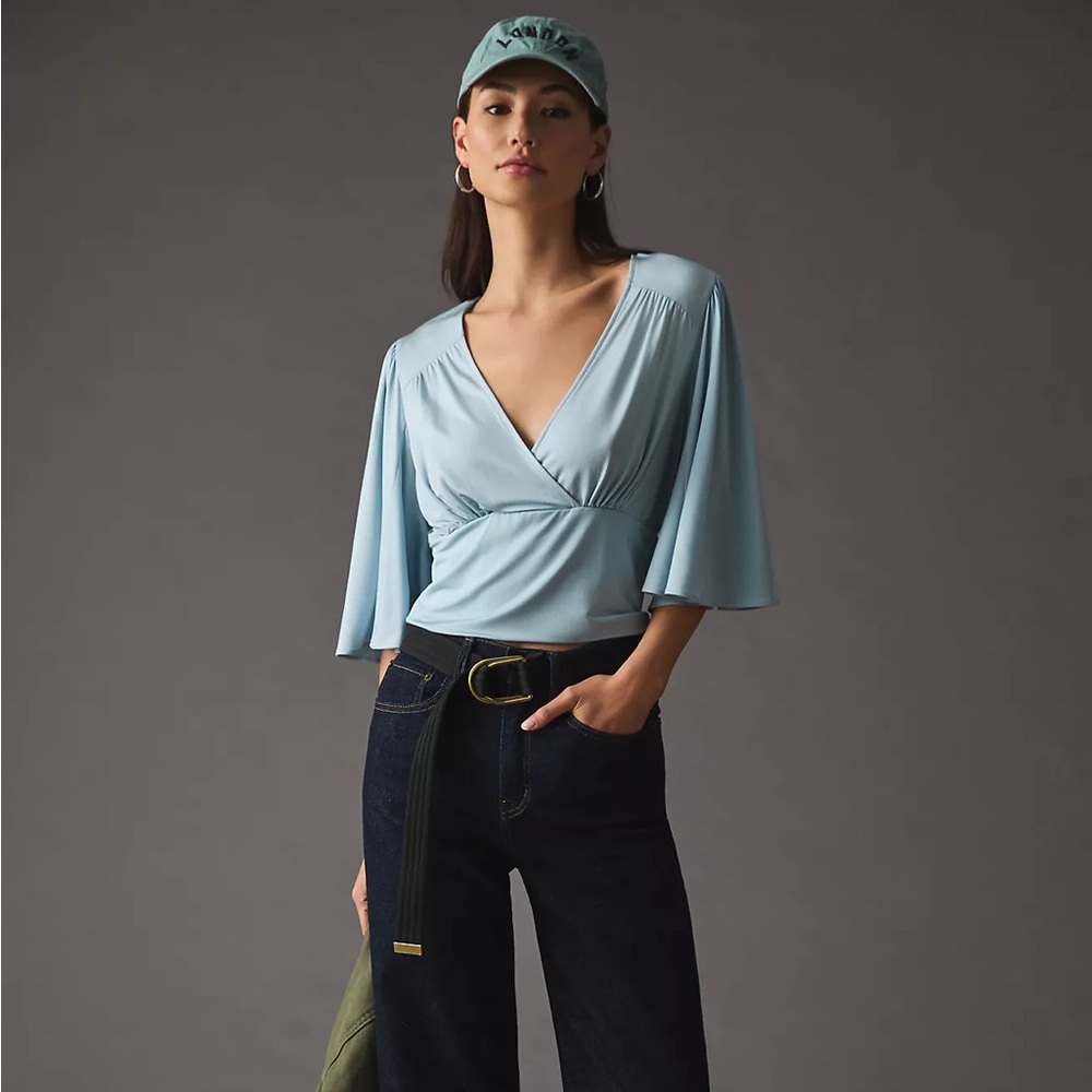 ANTHROPOLOGIE Draped V-Neck Top in Blue Size Large